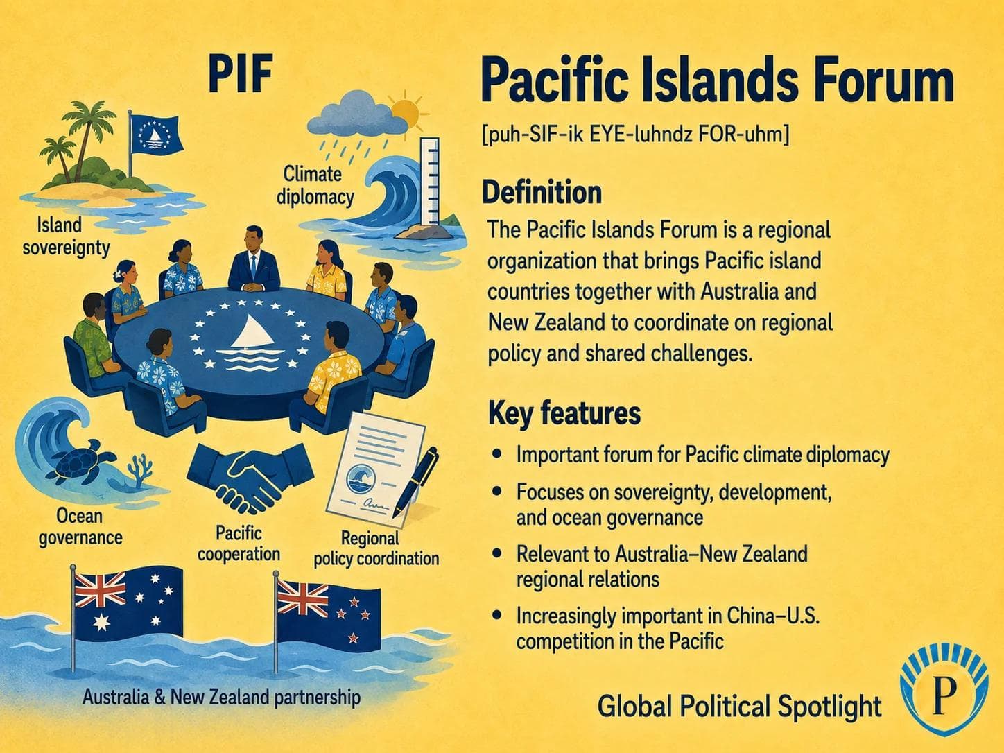 Educational geopolitical infographic explaining the Pacific Islands Forum as the main regional organization for Pacific island states and partners, showing climate security, ocean governance, fisheries, development, regional diplomacy, Australia and New Zealand roles, and U.S.-China strategic competition in the Pacific.