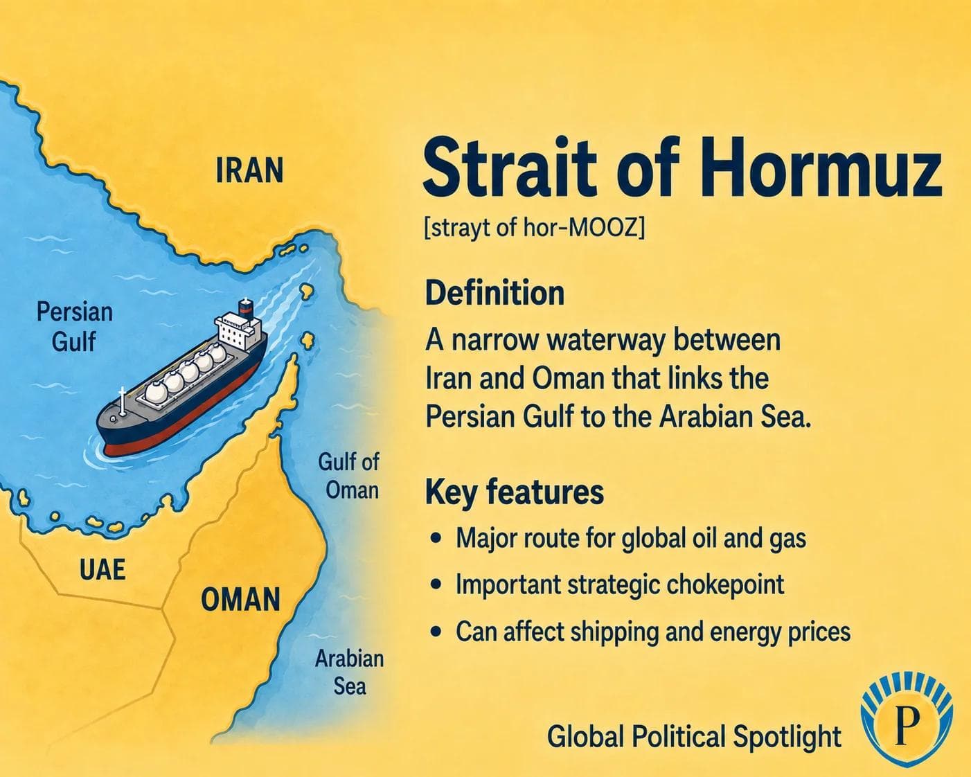 Educational geopolitical infographic showing the Strait of Hormuz between Iran and Oman, the Persian Gulf, the Gulf of Oman, nearby Gulf states, energy shipping routes, and its role as a critical global oil and gas chokepoint.