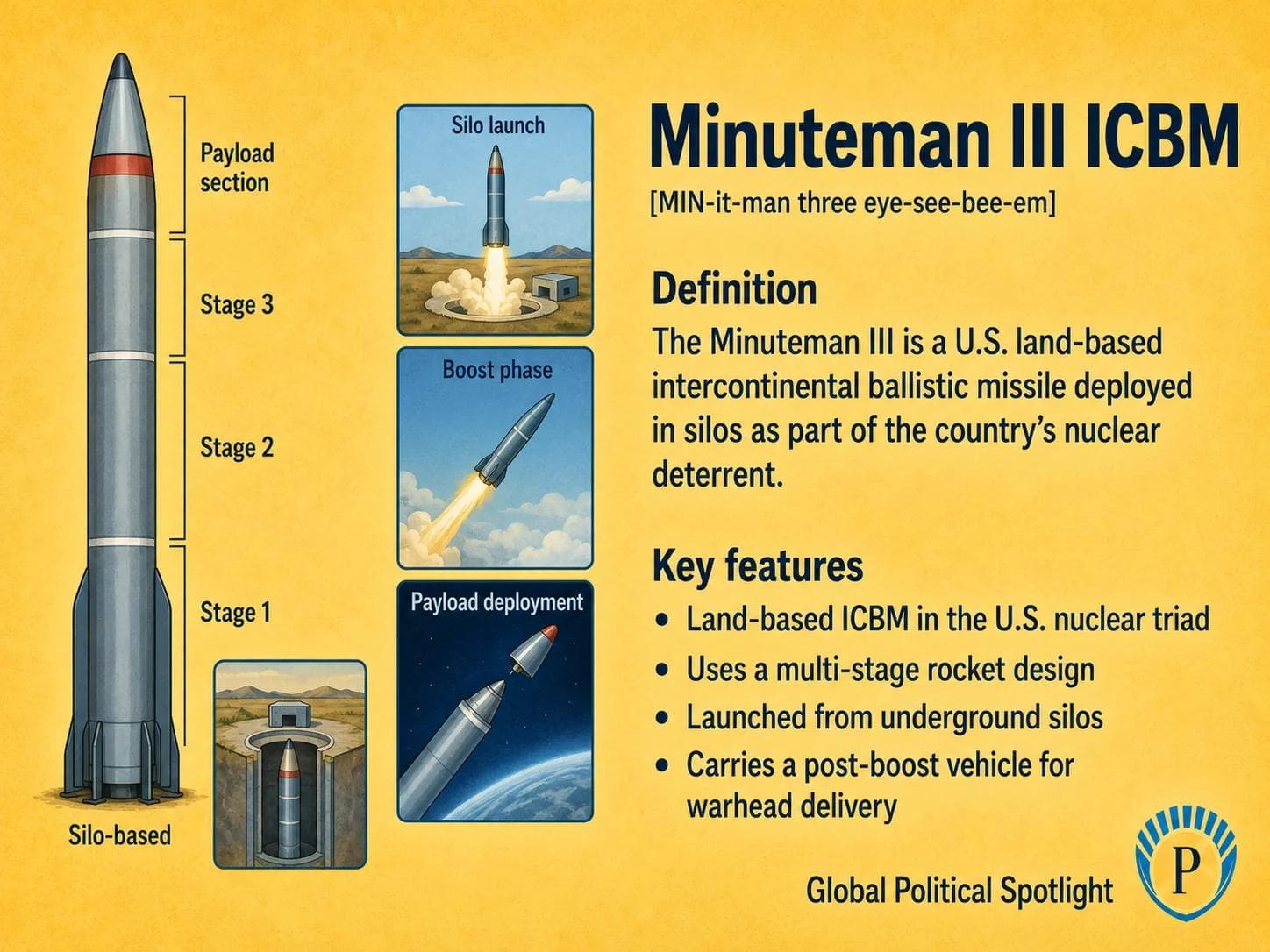 Educational geopolitical infographic showing a Minuteman III intercontinental ballistic missile in a hardened underground silo, with a simplified multi-stage rocket cutaway, payload section, boost phase arc, command-and-control symbols, and the land leg of the U.S. nuclear triad.