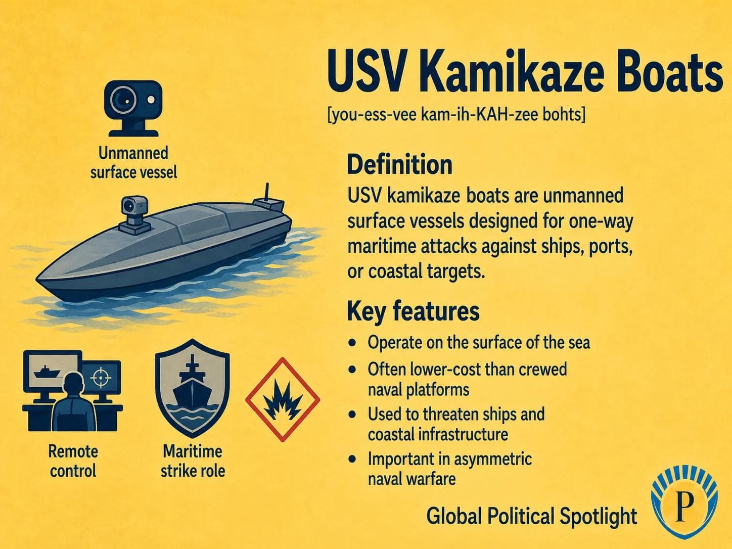 Educational geopolitical infographic showing unmanned surface vessel kamikaze boats at sea, with naval target silhouettes, coastal defense context, remote guidance, maritime security zones, and their role in modern naval warfare.