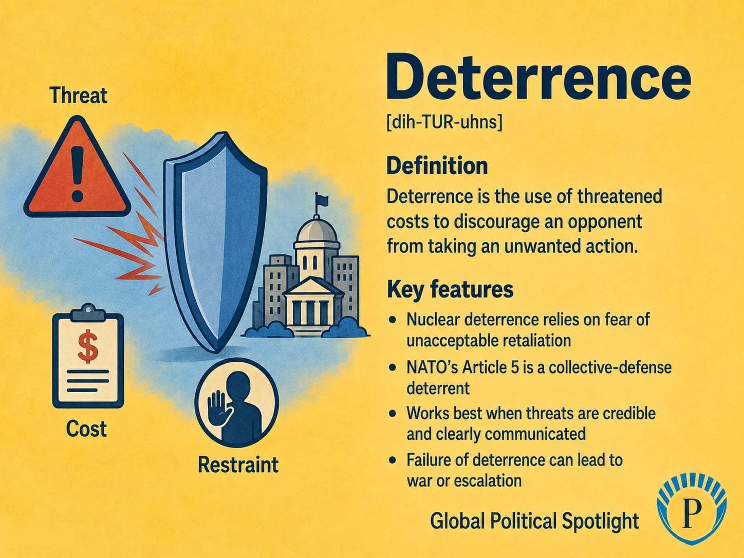 Educational geopolitical infographic explaining deterrence, showing a state or alliance using credible defense commitments, retaliation risk, military posture, and clear communication to discourage an opponent from attacking or escalating.