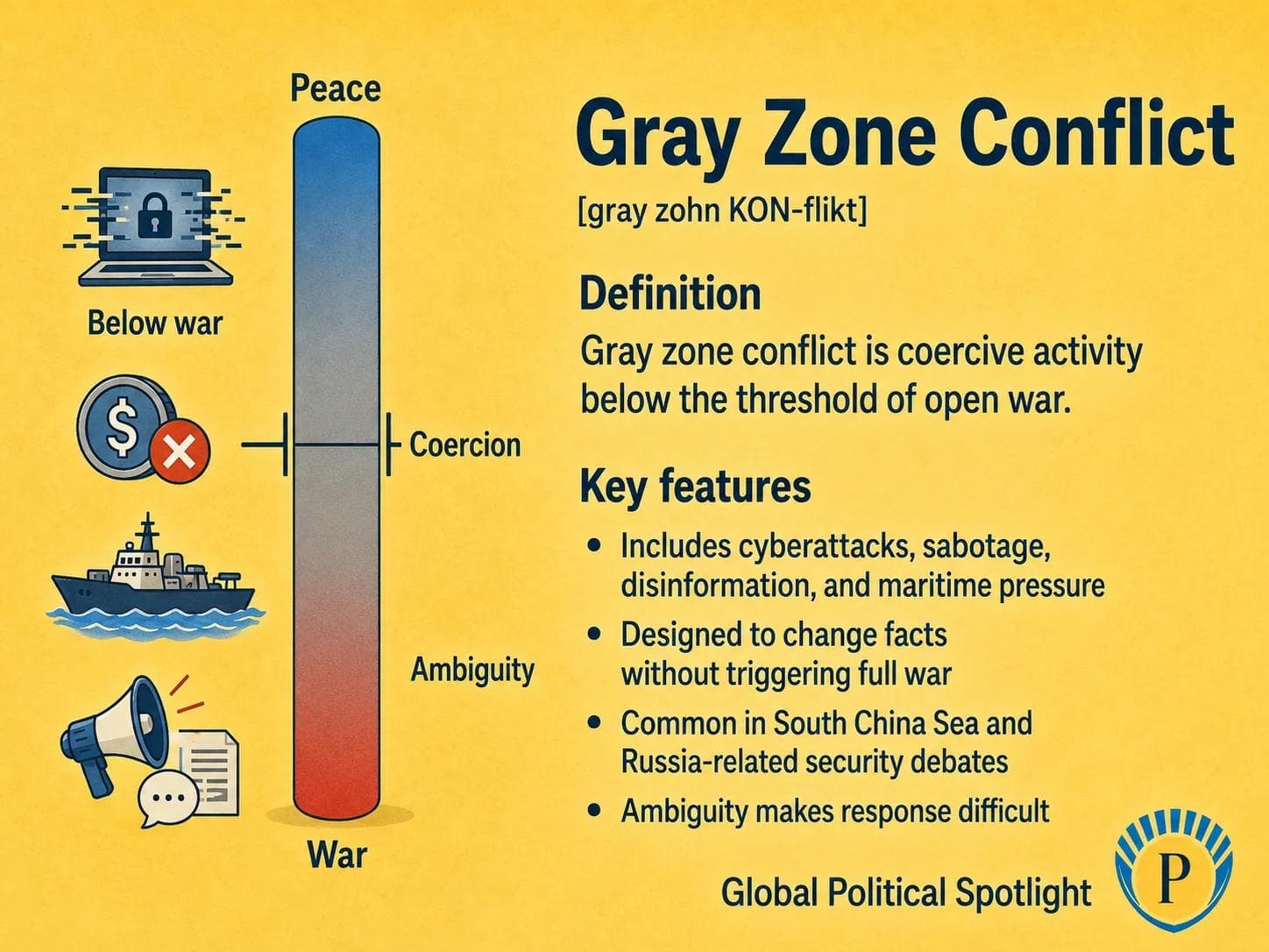 Educational geopolitical infographic explaining gray zone conflict, showing cyberattacks, sabotage, disinformation, maritime pressure, ambiguous military activity, and coercive actions below the threshold of open war, with references to the South China Sea and Russia-related security debates.