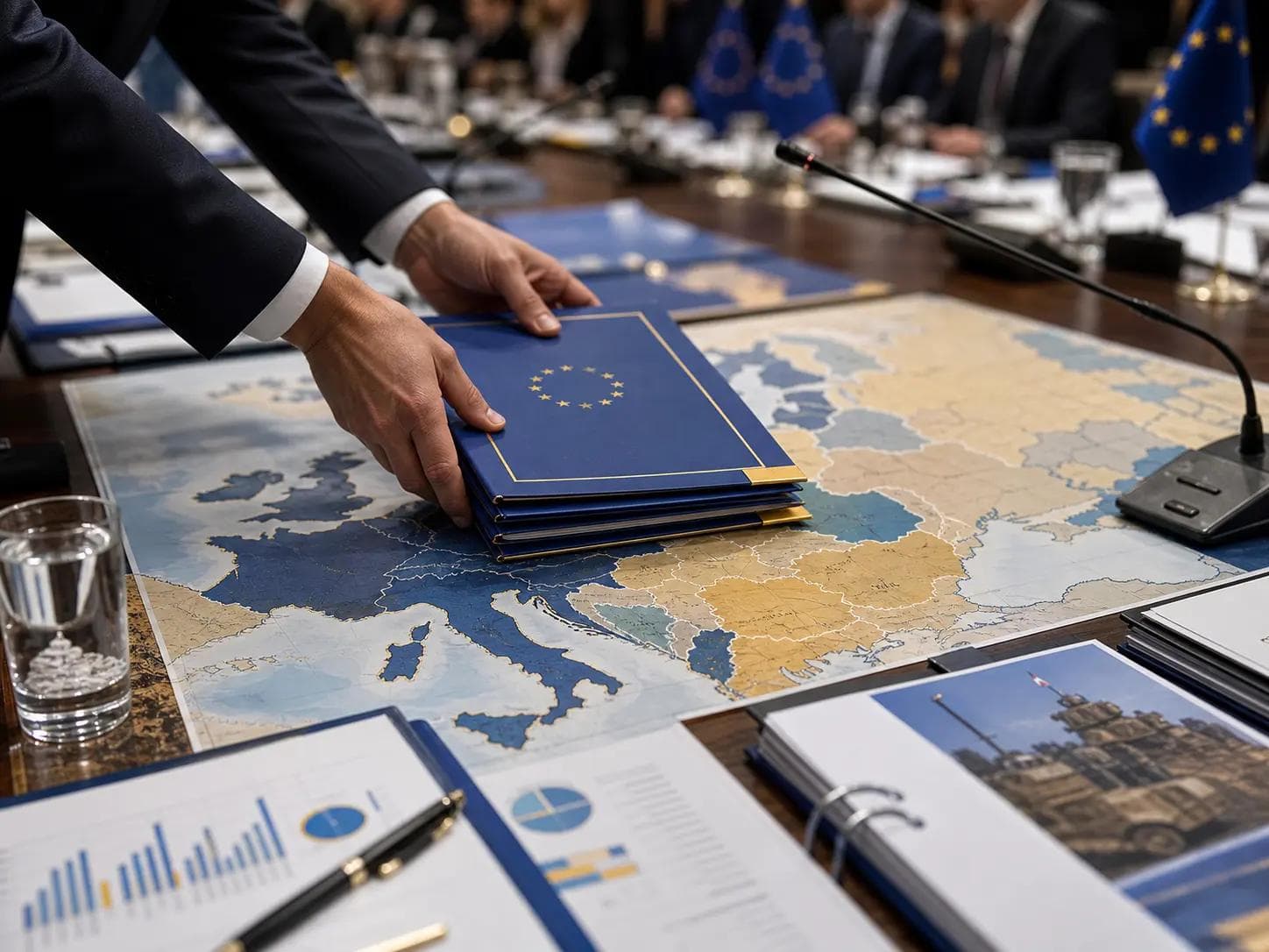 Illustrative image of hands placing blue EU-branded folders onto a large map of Europe during a diplomatic meeting