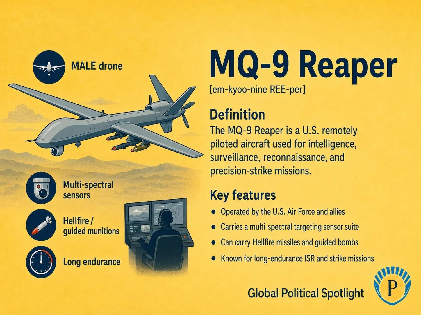 Educational geopolitical infographic showing an MQ-9 Reaper remotely piloted aircraft with long wings, sensor turret, satellite control link, Hellfire missiles or guided munitions, operator control station, and callouts for intelligence, surveillance, reconnaissance, long endurance, and precision strike.