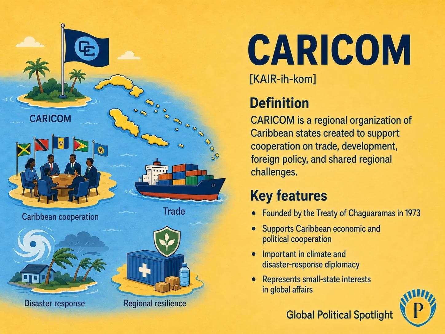 Educational geopolitical infographic explaining CARICOM as a Caribbean regional organization, showing small-state coordination, economic integration, climate vulnerability, trade, migration, disaster response, Haiti, and Caribbean bargaining power in global diplomacy.
