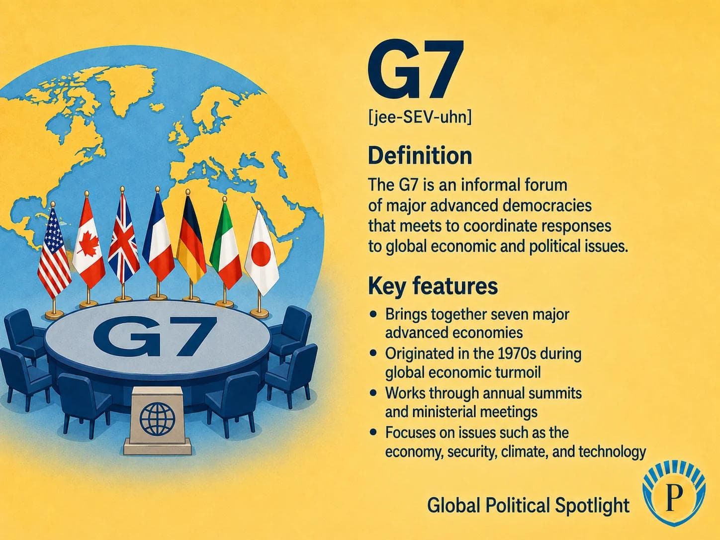 Educational geopolitical infographic explaining the G7 as an informal forum of major advanced democracies, showing member states, summit diplomacy, sanctions coordination, financial power, climate and technology cooperation, development finance, and agenda-setting influence.
