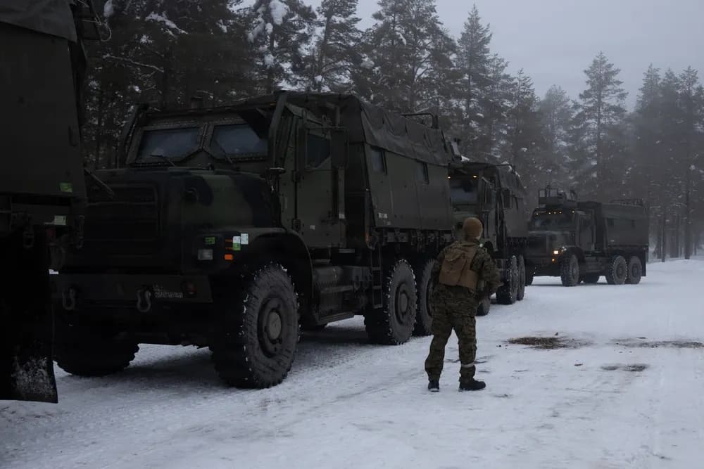 Military Heavy Truck Convoy On Snowy Winter Road