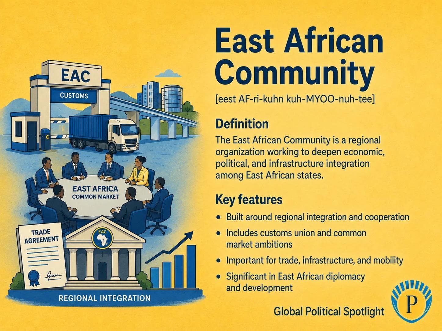Educational geopolitical infographic showing the East African Community as a regional bloc, with member states, customs union, common market ambitions, infrastructure corridors, security cooperation, expansion, and integration challenges in East Africa.