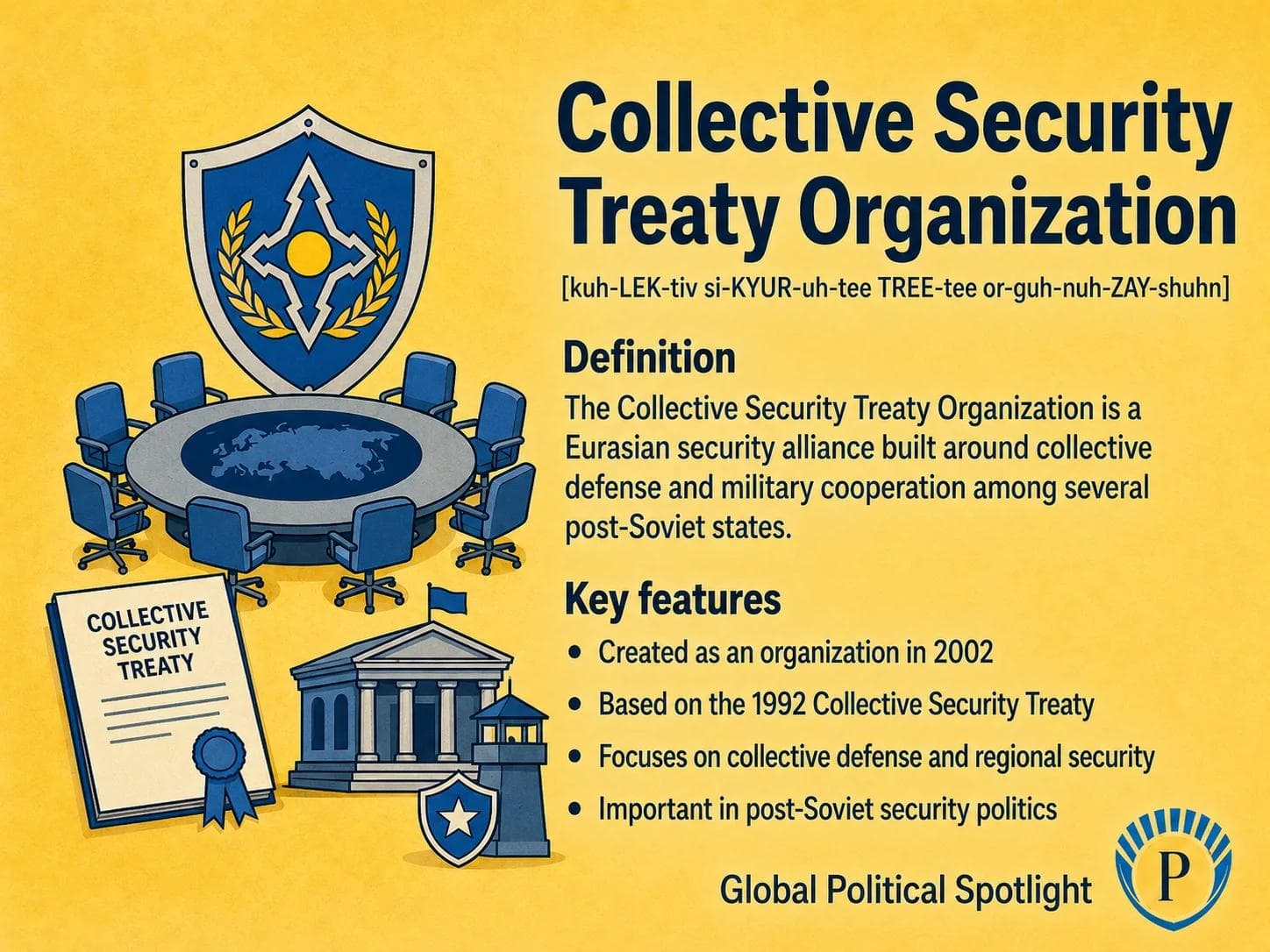Educational geopolitical infographic showing the Collective Security Treaty Organization as a Russia-led security alliance of post-Soviet states, with simplified labels for collective defense claims, Russian influence, Central Asian security, Armenia tensions, crisis-response credibility, military exercises, and comparison with NATO-style alliance commitments.