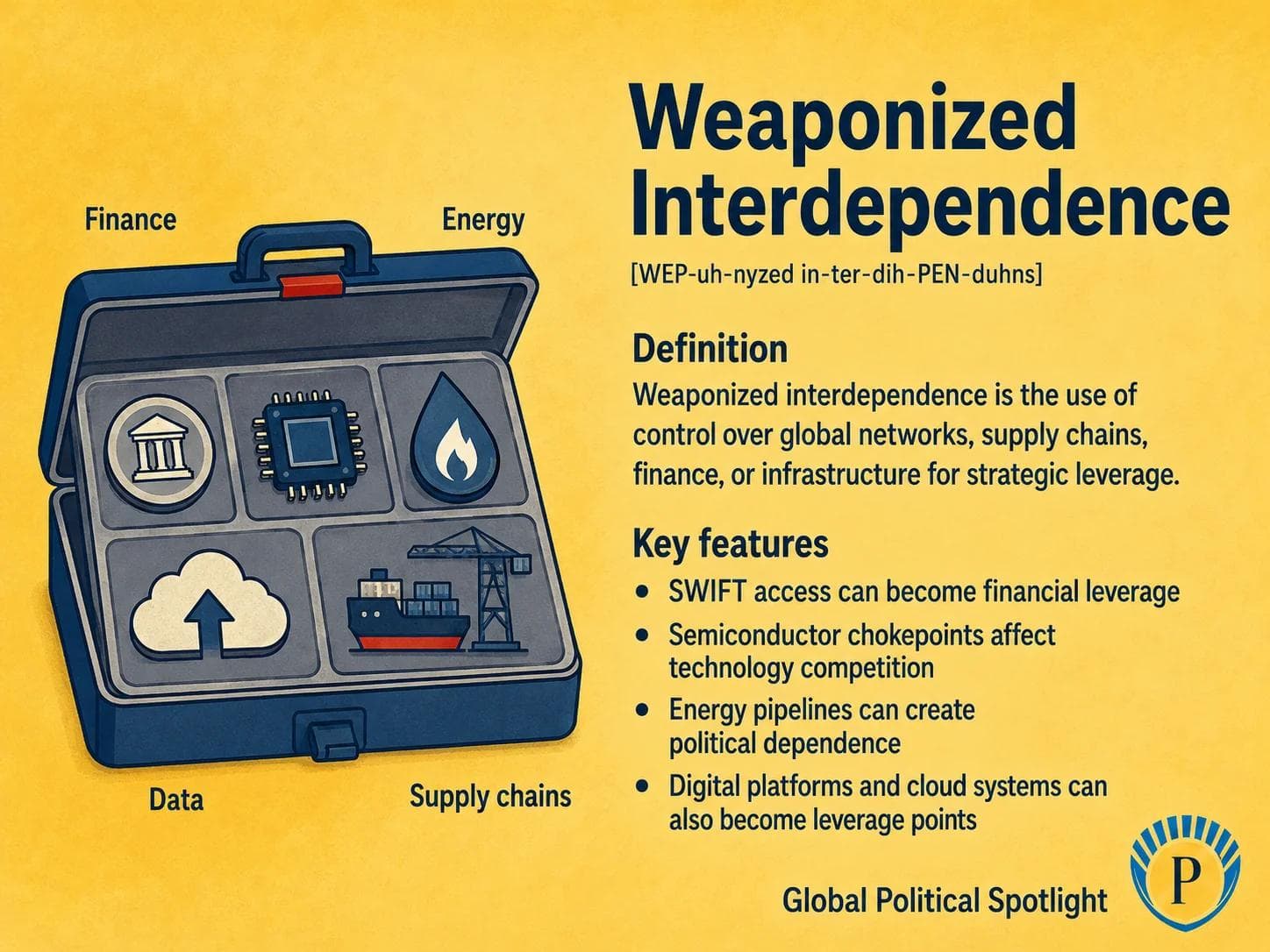 Educational geopolitical infographic explaining weaponized interdependence, showing finance, energy, data, ports, supply chains, semiconductor chokepoints, SWIFT access, pipelines, and digital platforms as global networks that can be used for political and economic leverage.