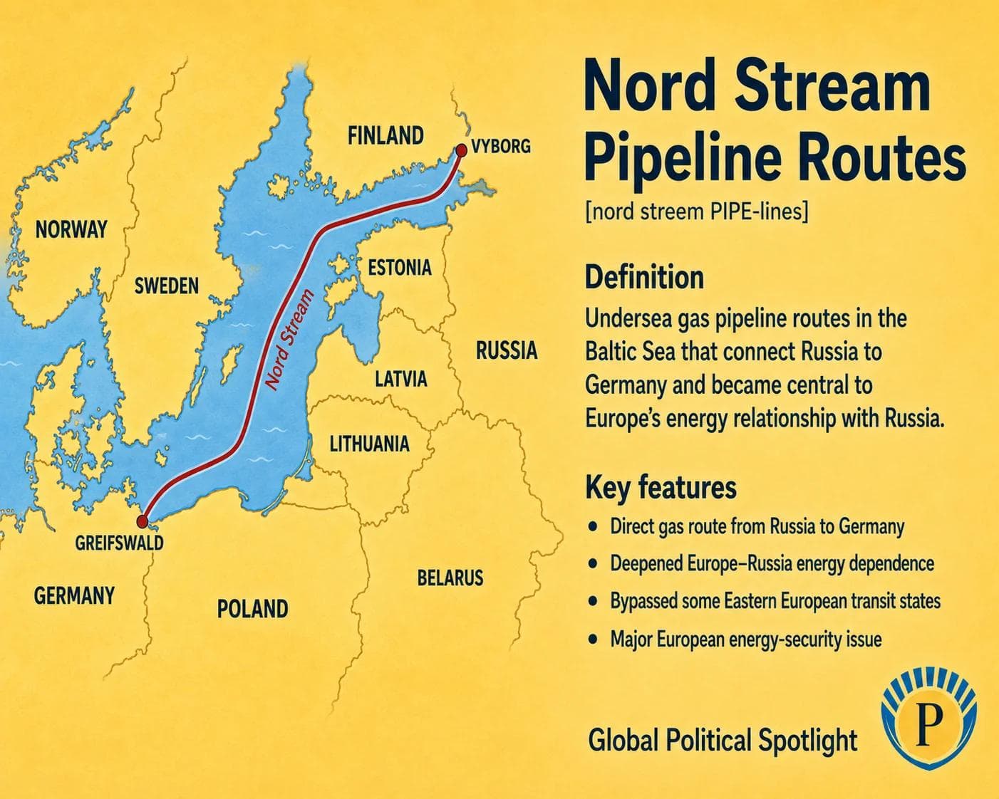 Educational geopolitical infographic showing the Nord Stream pipeline routes under the Baltic Sea from Russia to Germany, with nearby Baltic states, Poland, Ukraine transit bypass context, gas flows, and European energy security implications.