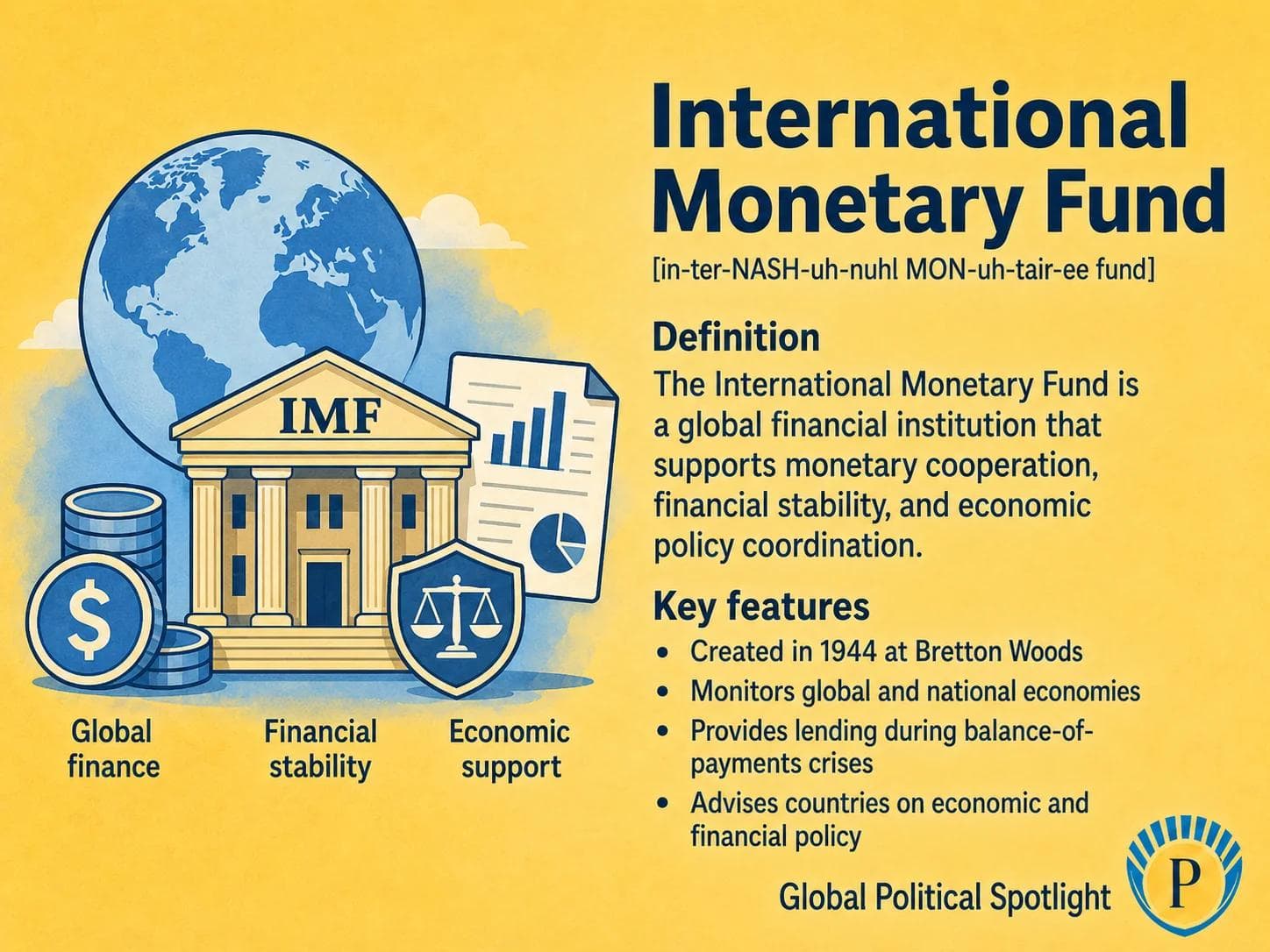 Educational geopolitical infographic explaining the International Monetary Fund as a global financial institution focused on macroeconomic surveillance, balance-of-payments lending, conditionality, debt sustainability, Special Drawing Rights, exchange-rate pressure, emerging markets, and global financial safety nets.