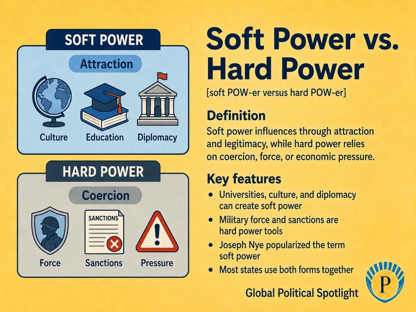 Educational geopolitical infographic comparing soft power and hard power, showing culture, education, diplomacy, legitimacy, military force, sanctions, and economic pressure as different tools of state influence.