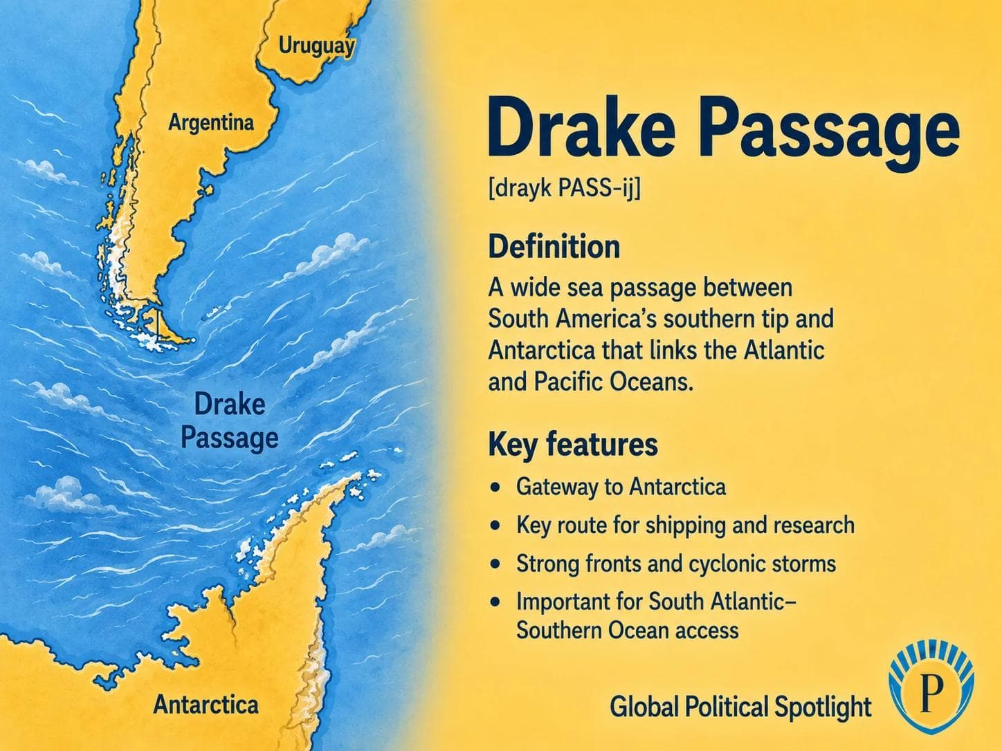 Educational geopolitical infographic showing the Drake Passage between Cape Horn at the southern tip of South America and the Antarctic Peninsula, connecting the Atlantic and Pacific Oceans with Southern Ocean shipping, research access, and storm conditions.