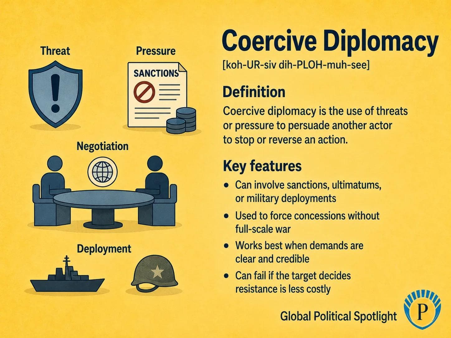 Educational geopolitical infographic explaining coercive diplomacy, showing a state using sanctions, ultimatums, military deployments, and diplomatic pressure to persuade another actor to stop or reverse an action without full-scale war.