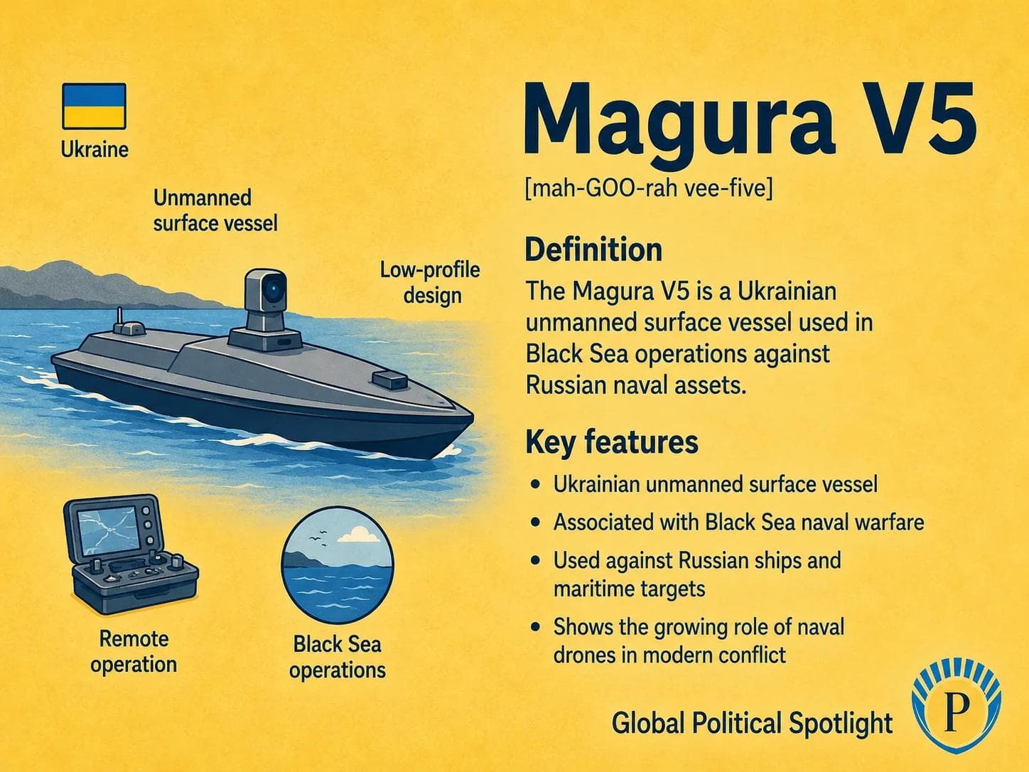 Educational geopolitical infographic showing Ukraine's Magura V5 unmanned surface vessel with a low-profile hull, remote-control link, Black Sea operating area, maritime target silhouette, and callouts for naval drones, Russian naval assets, and unmanned maritime strike operations.
