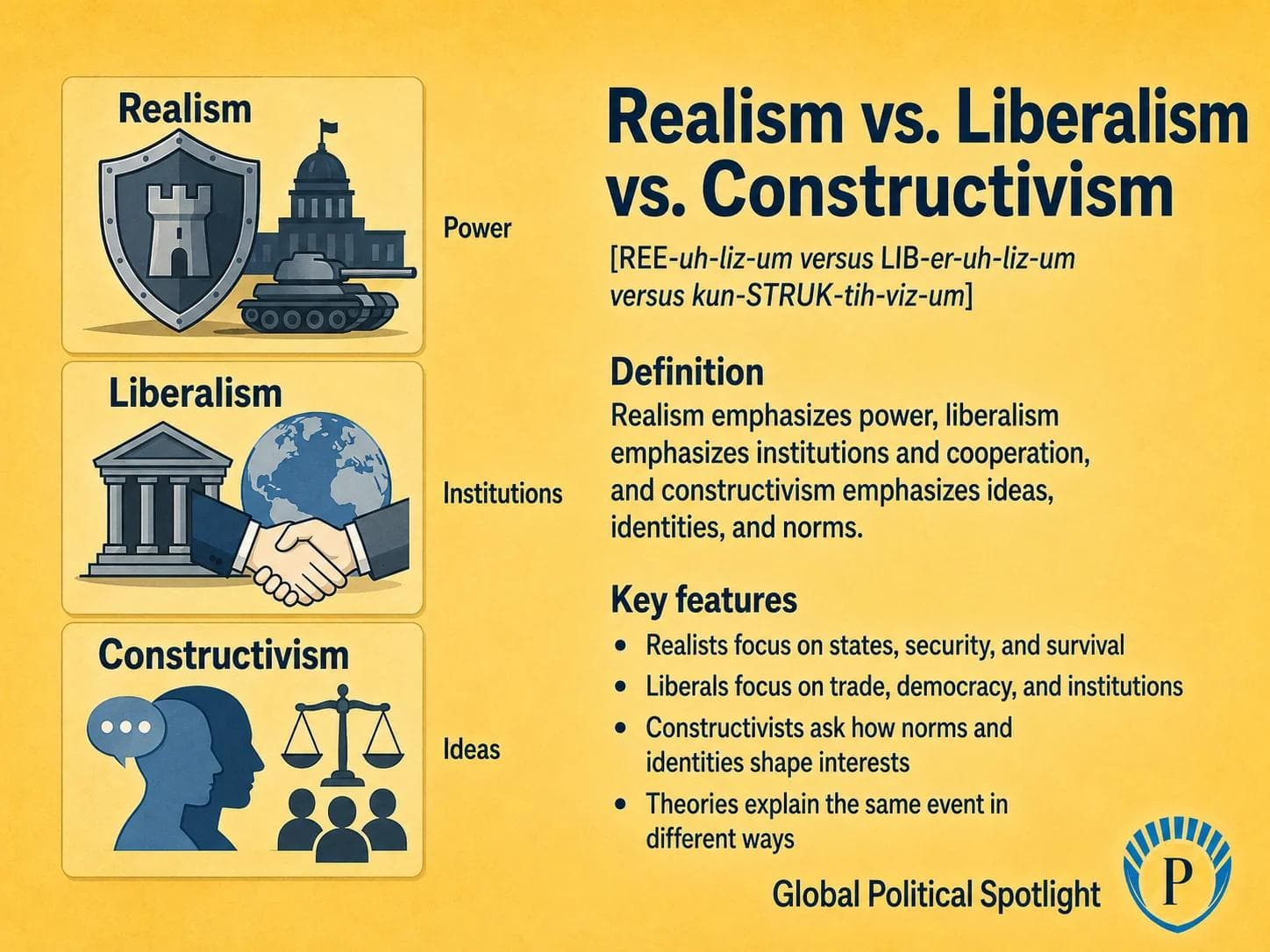 Educational geopolitical infographic comparing Realism, Liberalism, and Constructivism in international relations, showing power and security, institutions and cooperation, and ideas, identities, and norms as three different ways of explaining global politics.
