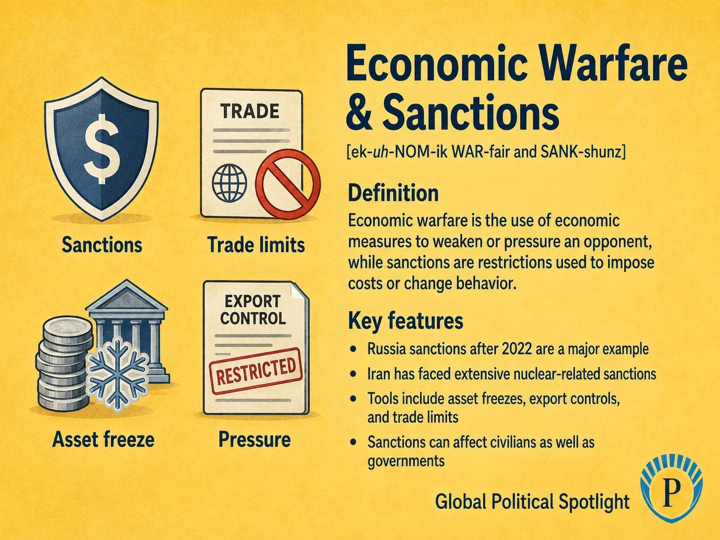 Educational geopolitical infographic explaining economic warfare and sanctions, showing trade restrictions, asset freezes, export controls, financial pressure, Russia sanctions after 2022, Iran nuclear-related sanctions, and the effects on governments, firms, and civilians.