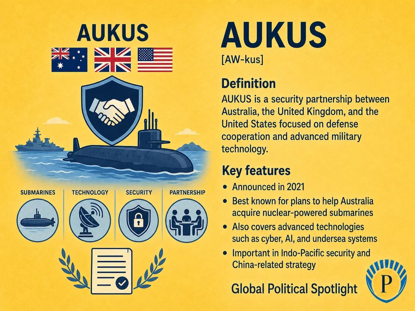 Educational geopolitical infographic explaining AUKUS as a security partnership among Australia, the United Kingdom, and the United States, showing nuclear-powered submarine cooperation, advanced defense technology sharing, Indo-Pacific deterrence, China-related strategic context, and non-proliferation scrutiny.