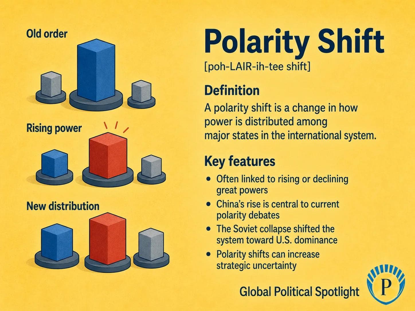 Educational geopolitical infographic explaining polarity shift, showing changing global power distribution among major states, with rising and declining powers, China’s rise, the Soviet collapse, and U.S. dominance as reference examples.