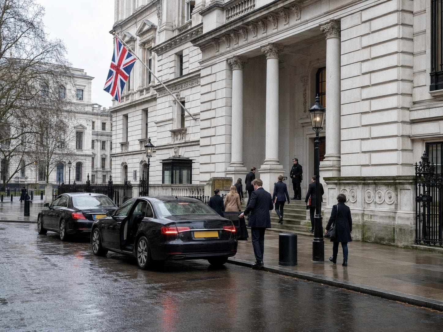 Officials in suits arriving by ministerial cars at a grand Whitehall building flying the Union Jack
