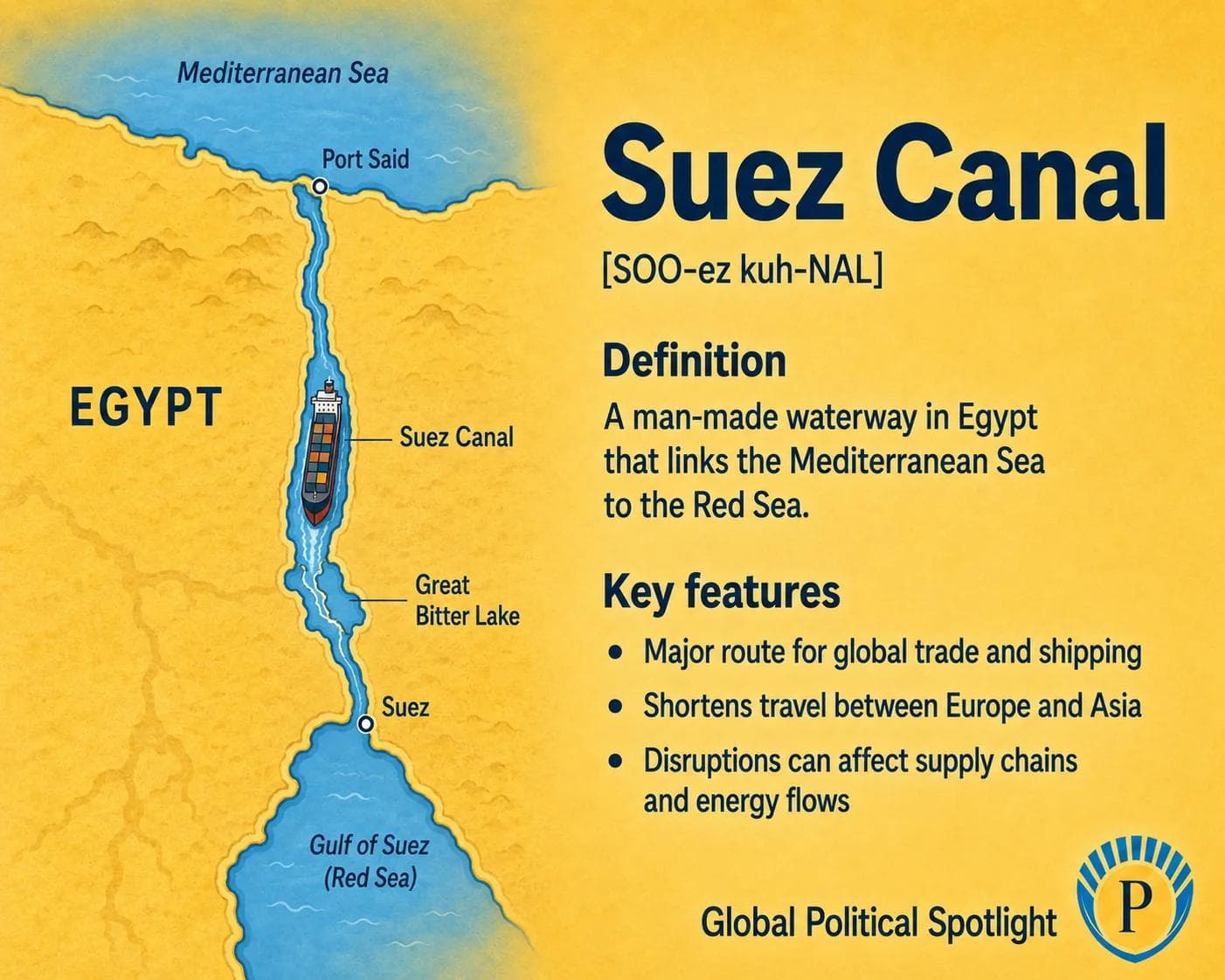 Educational geopolitical infographic showing the Suez Canal in Egypt connecting the Mediterranean Sea to the Red Sea, with shipping routes, nearby ports, and its role in global trade and energy flows.