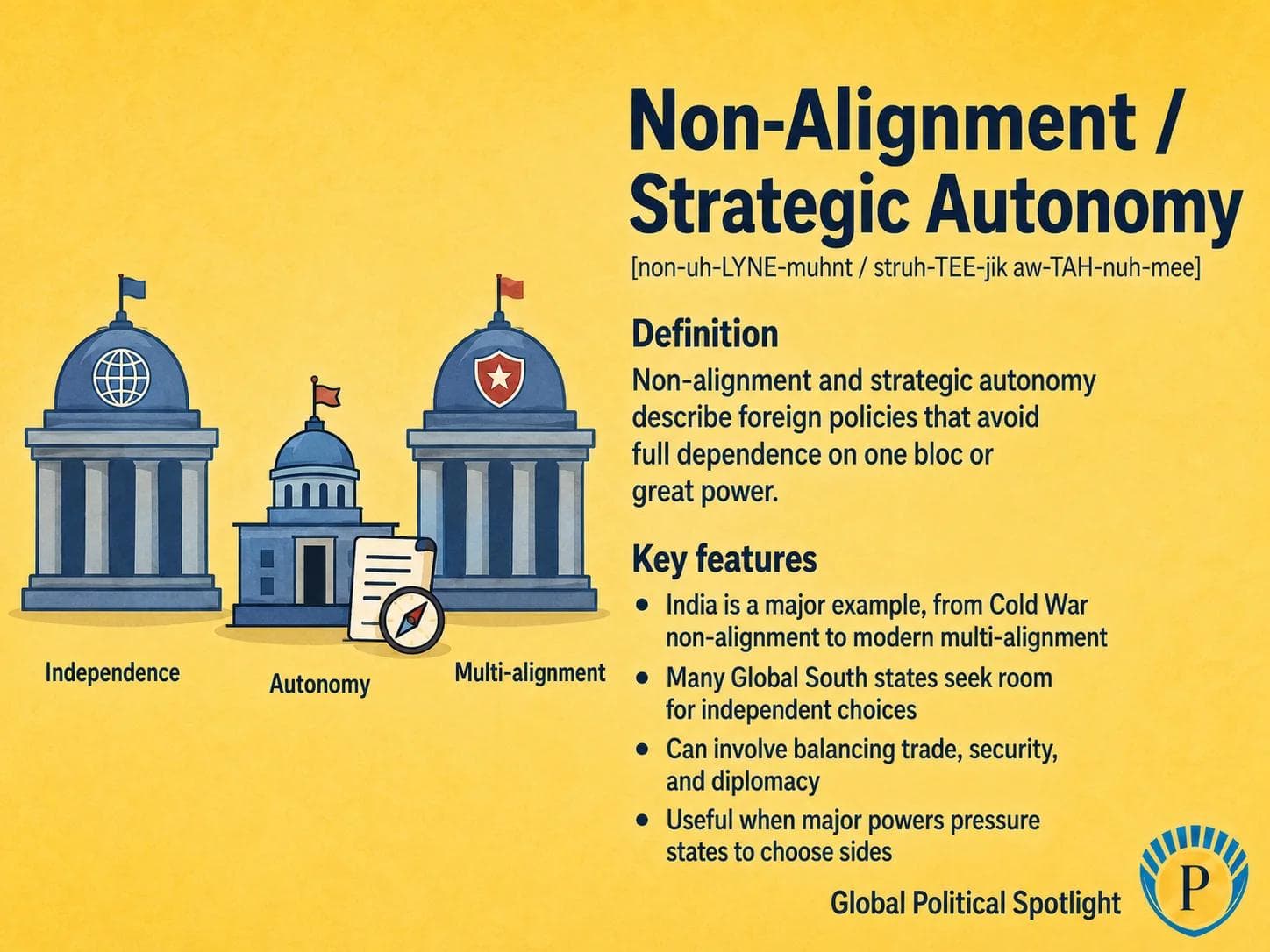 Educational geopolitical infographic explaining non-alignment and strategic autonomy, showing a state balancing trade, security, diplomacy, and development ties without fully joining one great-power bloc, with examples linked to India, the Global South, and independent foreign policy choices.