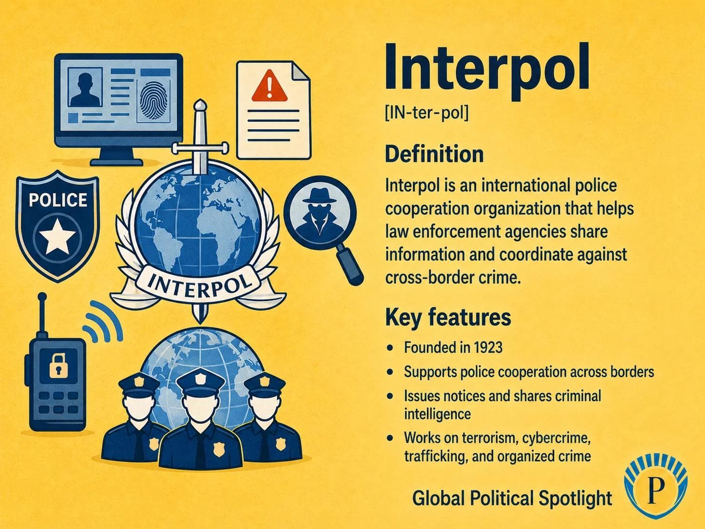 Educational geopolitical infographic explaining Interpol as an international police cooperation organization, with symbols for Red Notices, cross-border crime, cybercrime, terrorism investigations, fugitives, national police agencies, and limits on Interpol's authority.