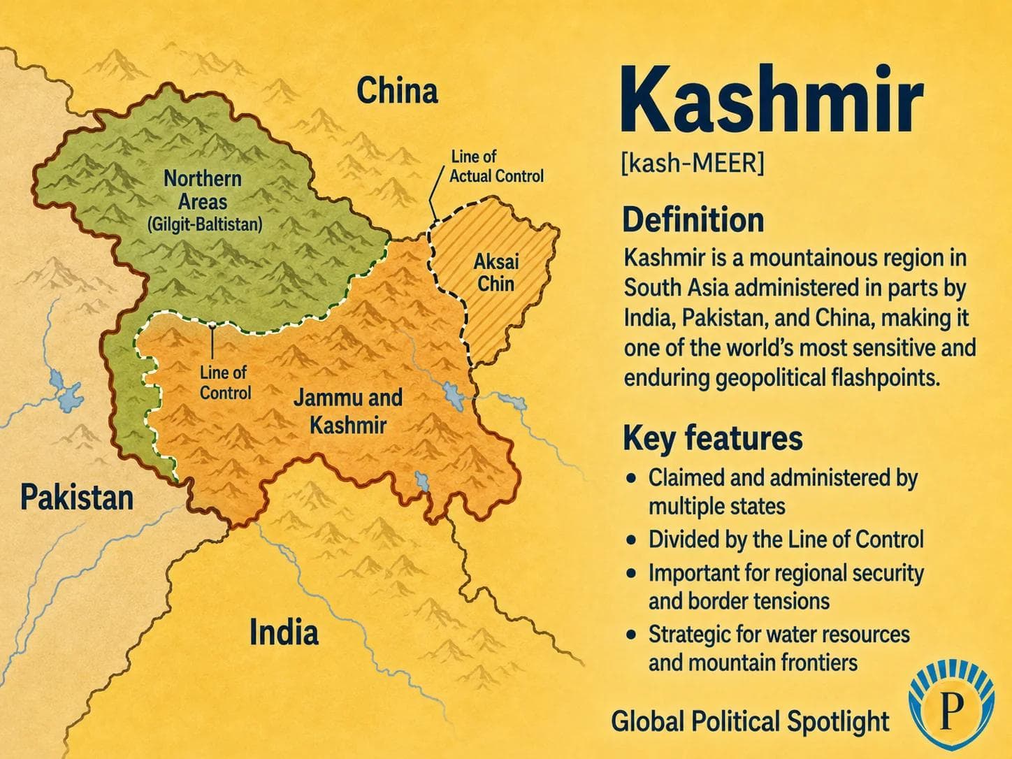Educational geopolitical infographic showing Kashmir in the Himalayan region between India, Pakistan, and China, with simplified disputed areas, the Line of Control, high mountain terrain, river systems, and its relevance for South Asian security.