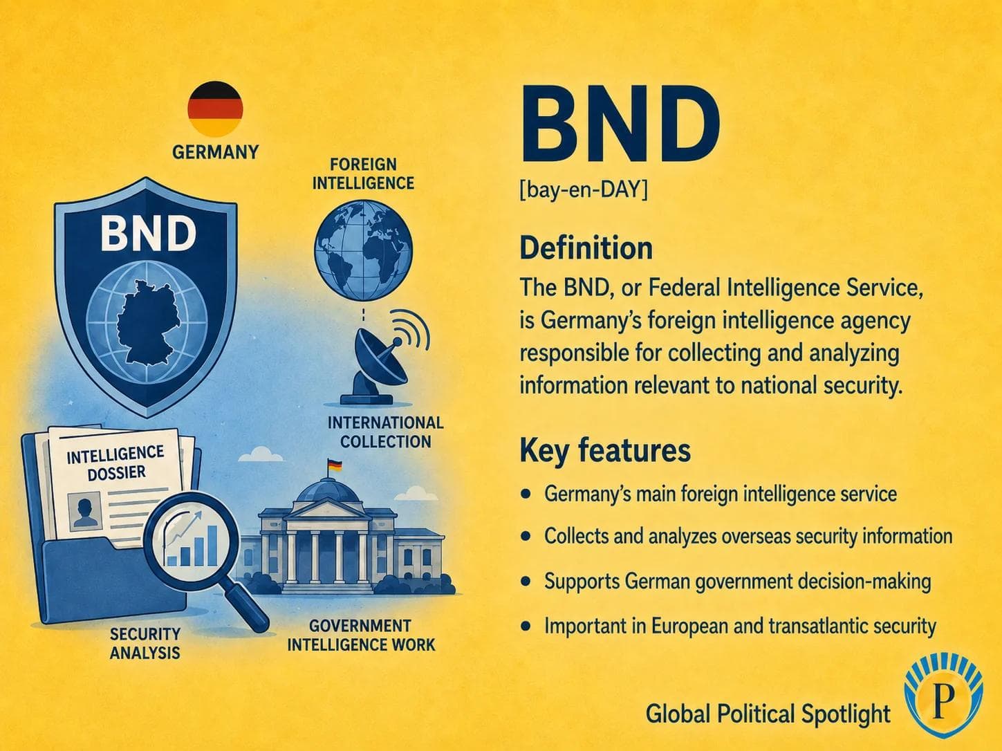 Educational geopolitical infographic showing the BND as Germany's foreign intelligence service, with emphasis on overseas intelligence collection, European security, transatlantic cooperation, Russia, terrorism, cyber concerns, and German parliamentary and legal oversight.
