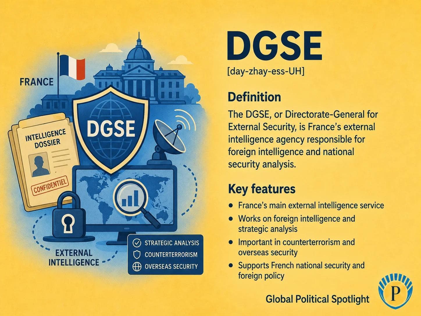 Educational geopolitical infographic showing DGSE as France's external intelligence agency, with emphasis on foreign intelligence, French national security, overseas intelligence collection, defense links, counterterrorism, covert operations, and European security context.