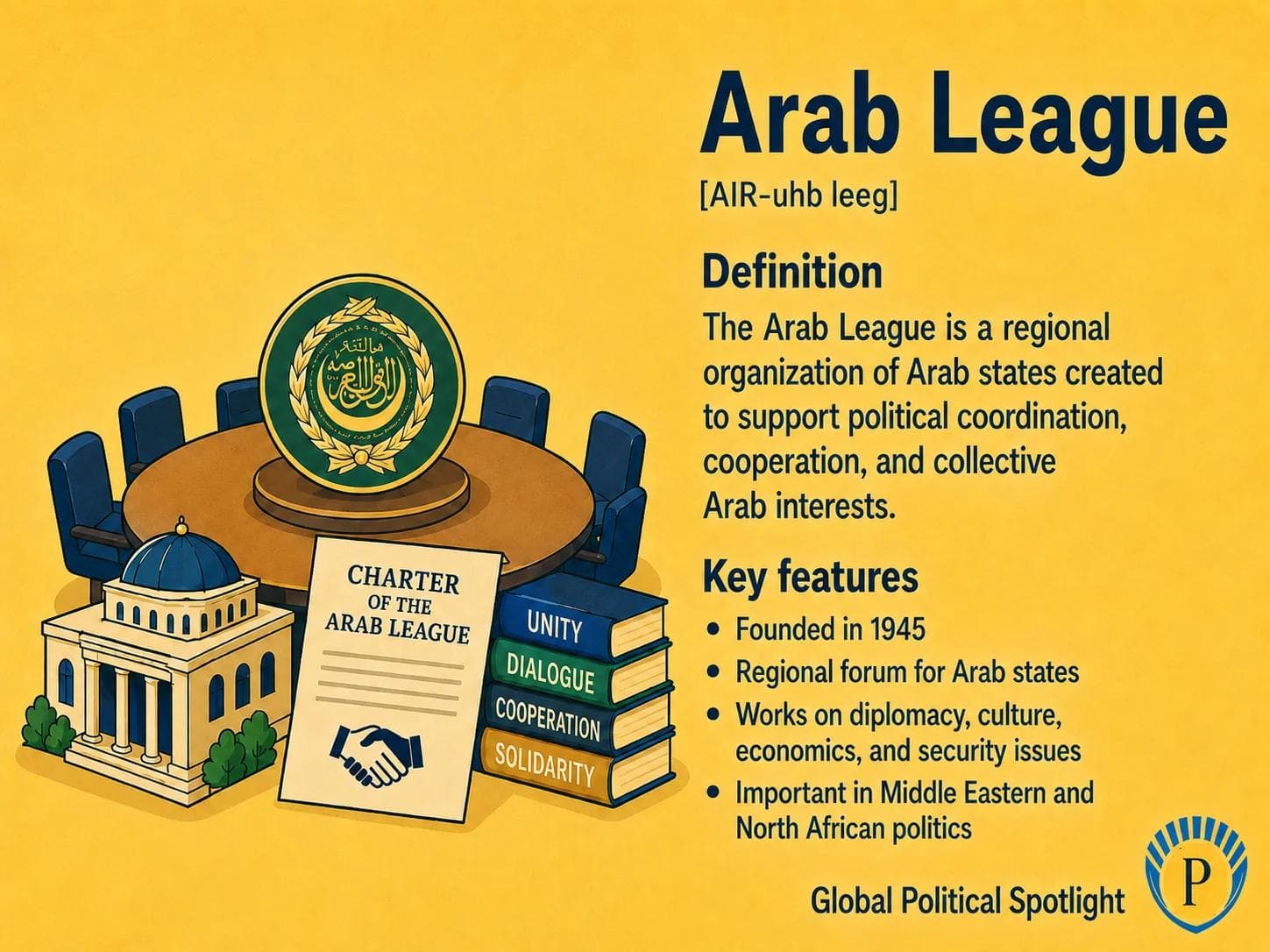 Educational geopolitical infographic showing the Arab League as a regional organization of Arab states, with simplified labels for Cairo headquarters, member states, consensus politics, Palestine, conflict mediation limits, diplomacy, and the gap between symbolic Arab unity and national state interests.