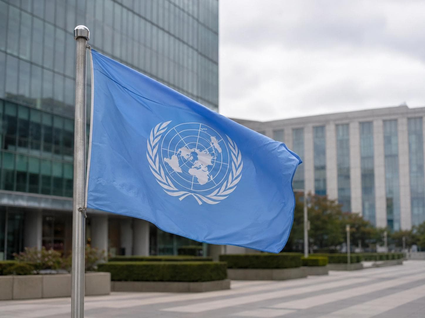 Light blue United Nations flag flying outside glass office buildings