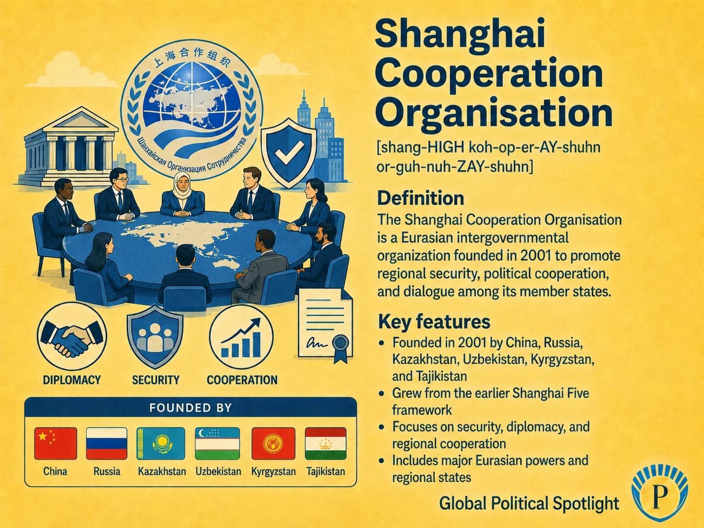 Educational geopolitical infographic explaining the Shanghai Cooperation Organisation as a Eurasian regional organization led by China and Russia, showing member states across Central and South Asia, security cooperation, counterterrorism, the Regional Anti-Terrorist Structure, China-Russia influence, expansion, and limits created by rival member interests.