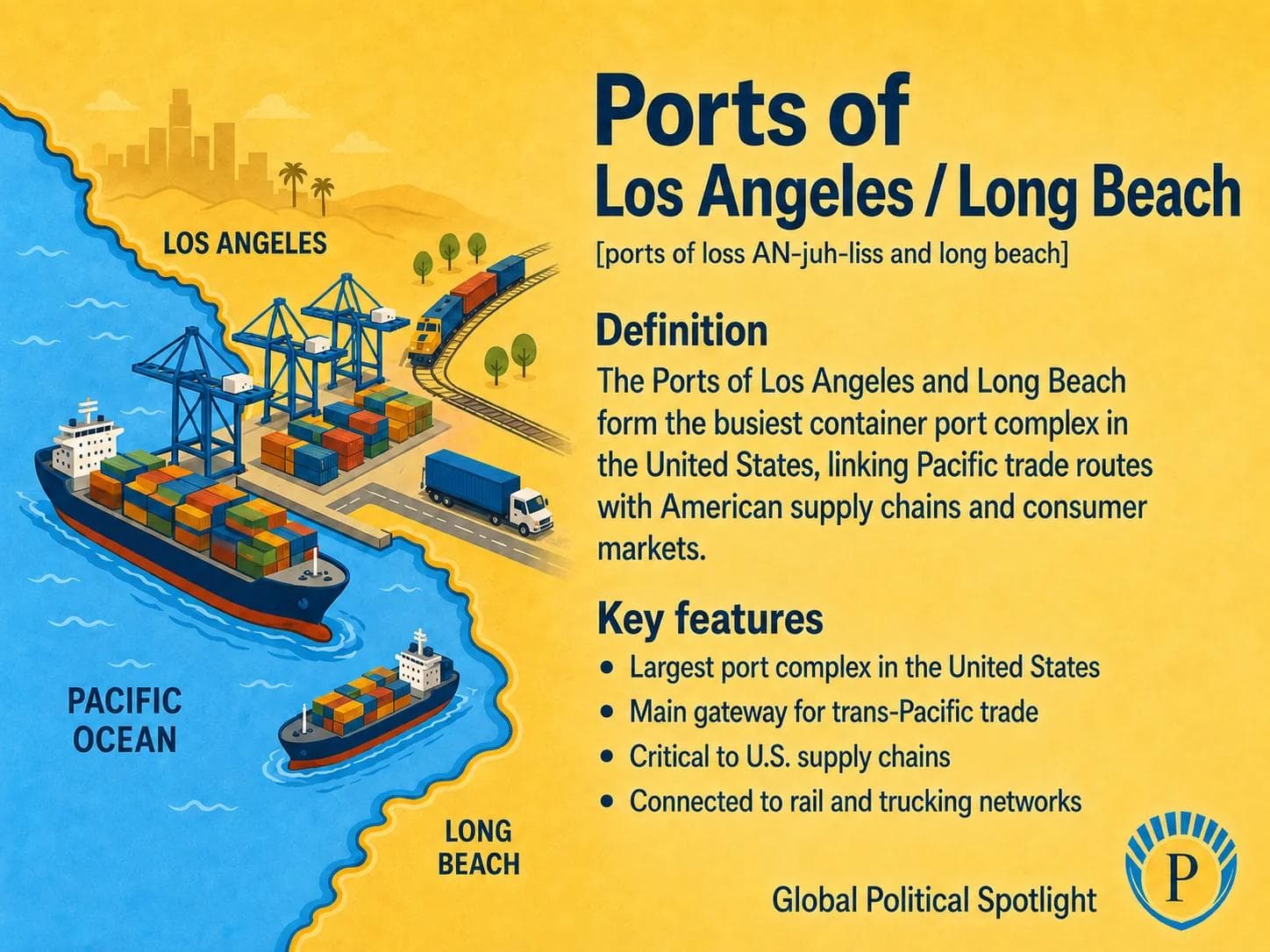Educational geopolitical infographic showing the Ports of Los Angeles and Long Beach in San Pedro Bay, container terminals, ships, rail and trucking corridors, Pacific trade routes, Asian supply chains, U.S. consumer markets, congestion risk, and clean-port infrastructure.