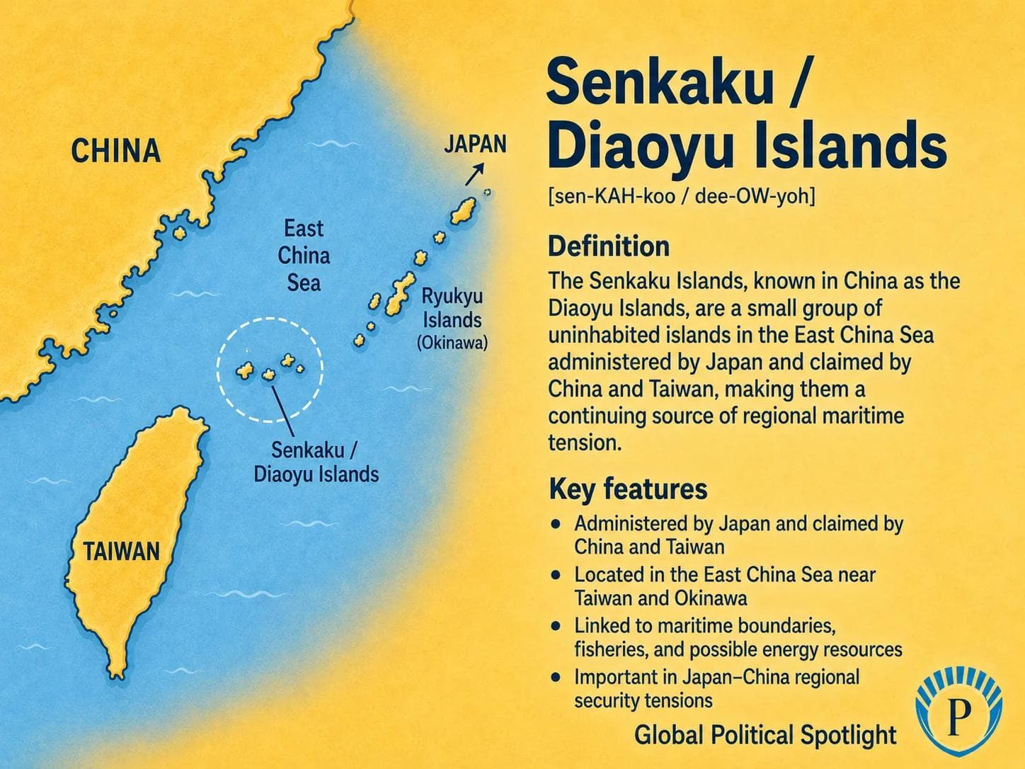 Educational geopolitical infographic showing the Senkaku / Diaoyu Islands in the East China Sea between Japan, China, and Taiwan, with simplified labels for disputed sovereignty claims, surrounding maritime zones, nearby shipping routes, fisheries, and regional security relevance.
