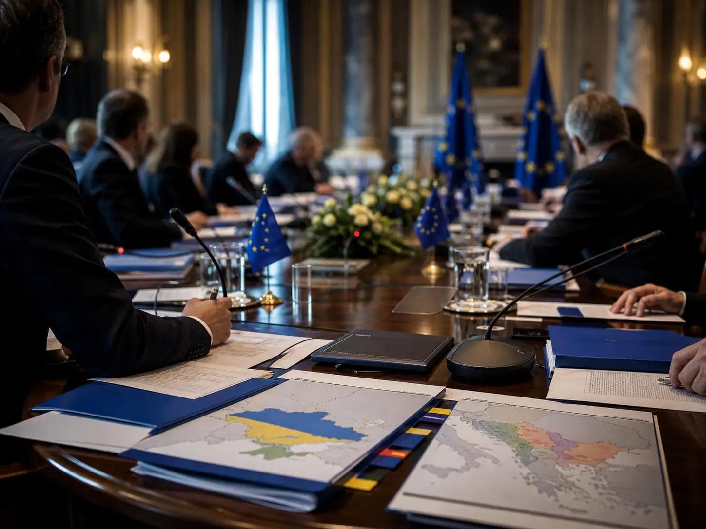 Illustrative image of EU diplomats gathered around a formal conference table
