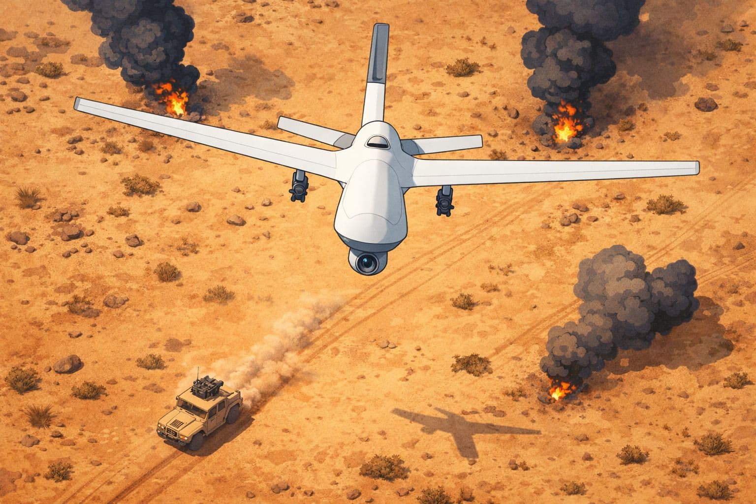 Drone Flying Over Desert Battlefield