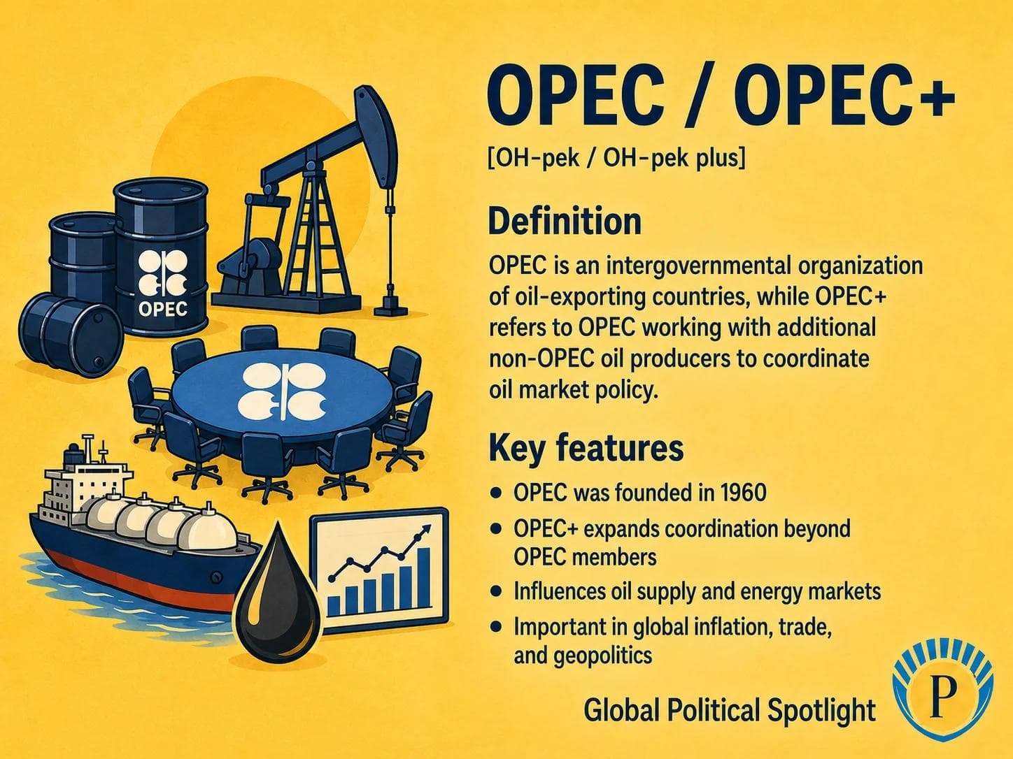 Educational geopolitical infographic showing OPEC and OPEC+ as an oil producer coordination system, with simplified icons for oil barrels, production targets, Saudi-Russia coordination, global price stability debates, energy geopolitics, and consumer-producer tensions.