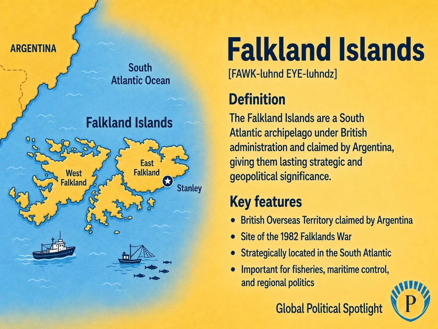 Educational geopolitical infographic showing the Falkland Islands in the South Atlantic, their position east of Argentina, the UK-Argentina sovereignty dispute, local self-government, maritime zones, and strategic relevance for South Atlantic security.