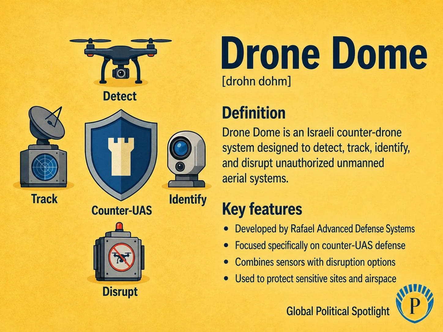 Educational geopolitical infographic showing Rafael's Drone Dome counter-UAS system detecting, tracking, identifying, and disrupting unauthorized drones with radar, electro-optical sensors, command-and-control screens, and electronic jamming around a protected sensitive site.