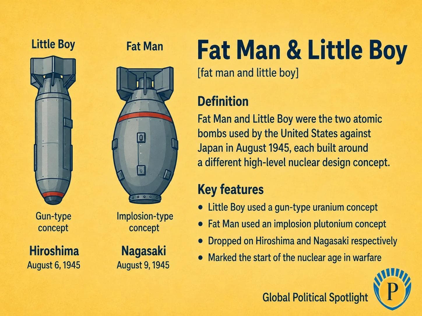Educational geopolitical infographic showing Little Boy and Fat Man as two distinct World War II atomic bomb designs, with Hiroshima and Nagasaki marked on a map of Japan, nuclear age timeline elements, and sober nuclear weapons legacy symbols.