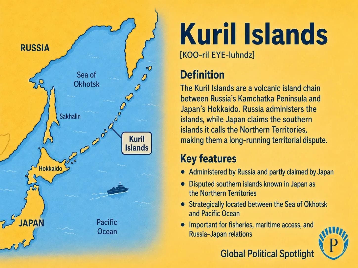 Educational geopolitical infographic showing the Kuril Islands stretching between Russia's Kamchatka Peninsula and Japan's Hokkaido, with simplified labels for Russian control, Japan's Northern Territories claim, Pacific access, fisheries, military deployments, and the unresolved Russia-Japan peace treaty issue.