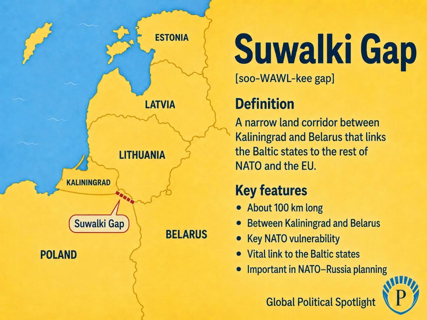 Educational geopolitical infographic showing the Suwalki Gap along the Poland-Lithuania border between Russia's Kaliningrad exclave and Belarus, highlighting its role as a NATO land corridor linking the Baltic states to the rest of the alliance.