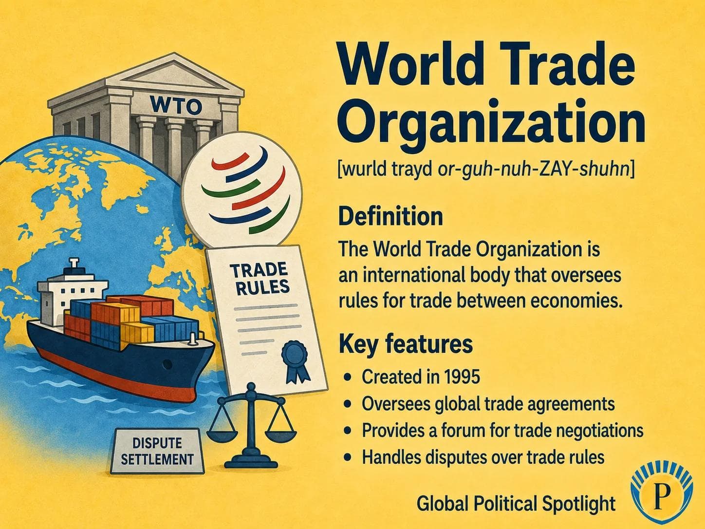 Educational geopolitical infographic explaining the World Trade Organization as the global institution for trade rules, showing tariffs, most-favored-nation principles, trade disputes, appellate body paralysis, subsidies, supply chains, and U.S.-China trade tensions.