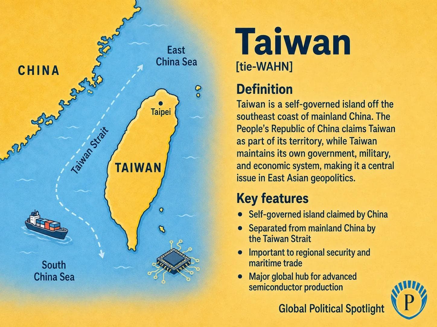 Educational geopolitical infographic showing Taiwan in the western Pacific near China, Japan, and the Philippines, with the Taiwan Strait, first island chain, semiconductor supply chains, and its role in East Asian security.
