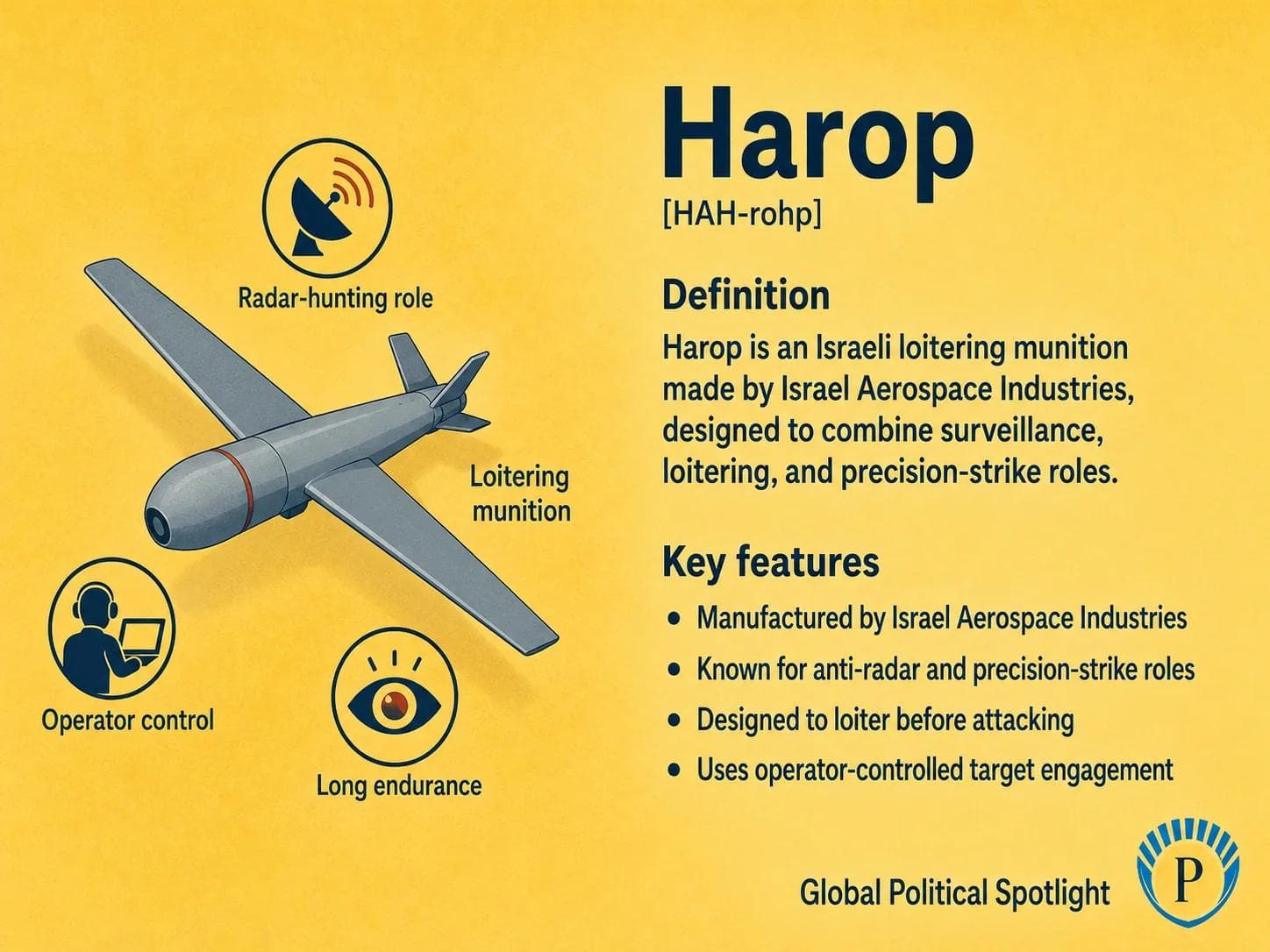 Educational geopolitical infographic showing the Israeli Harop loitering munition in flight above a radar and air-defense target area, with simplified callouts for radar-hunting, operator control, long endurance, surveillance, loitering before strike, and precision attack.