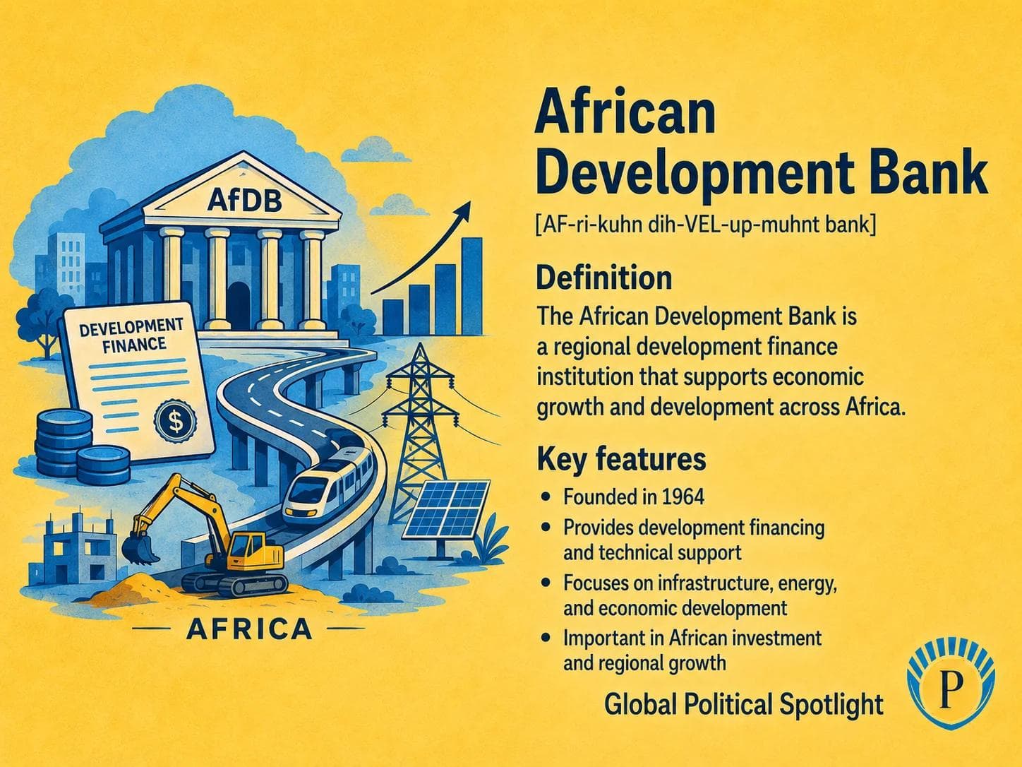 Educational geopolitical infographic explaining the African Development Bank as a multilateral development bank financing infrastructure, energy access, private-sector growth, climate adaptation, concessional lending, and economic transformation across Africa.