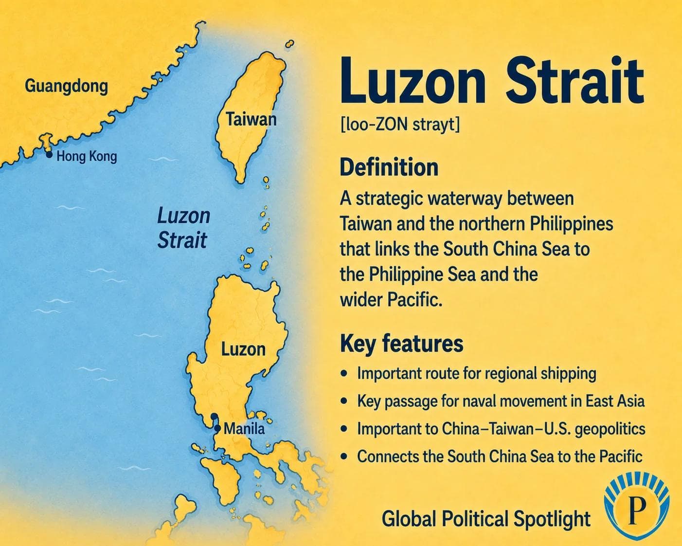 Educational geopolitical infographic showing the Luzon Strait between Taiwan and the northern Philippines, with maritime routes linking the South China Sea to the Philippine Sea and wider Pacific Ocean, highlighting its role in regional shipping and naval movement.