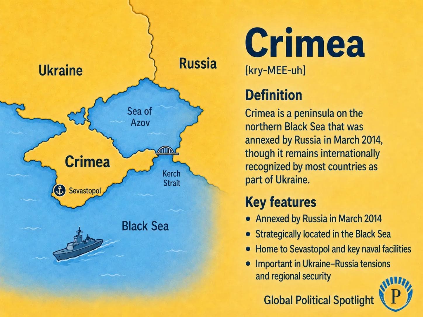 Educational geopolitical infographic showing Crimea as a Black Sea peninsula connected to Ukraine and near Russia, with simplified labels for Sevastopol, the Kerch Strait, Black Sea naval access, international non-recognition of Russia's annexation, and its role in the Russia-Ukraine war.